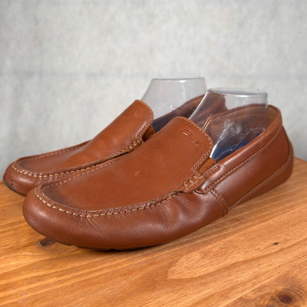 Clarks Markman Plain Loafers Mens 11 Dark Tan Leather Good Driving Shoes Slip On